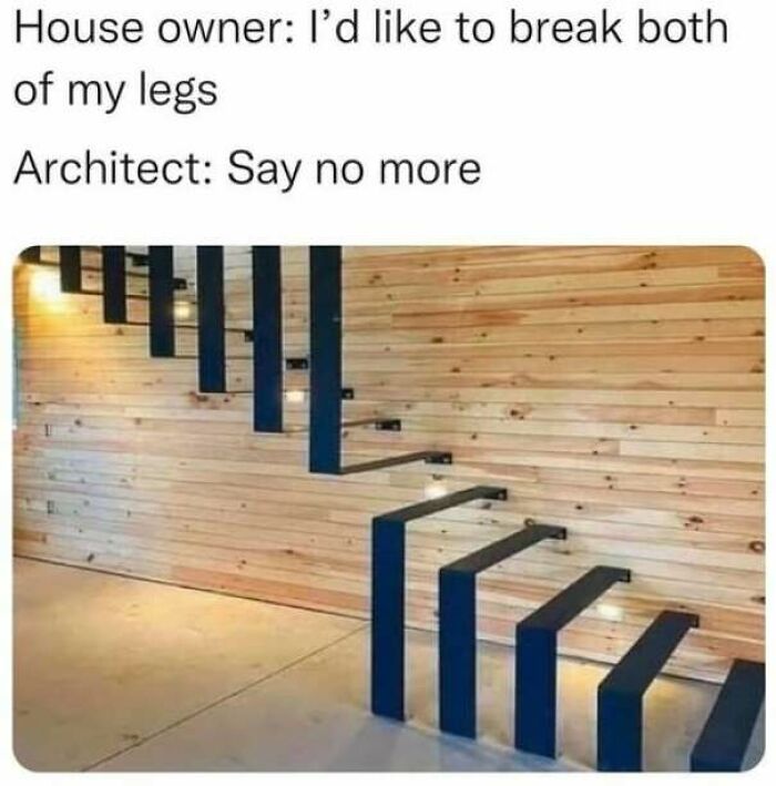 Humorous stair design fail with dangerous missing steps and uneven layout
