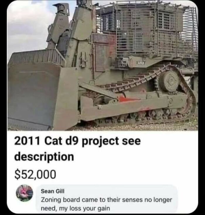 A heavy military-style bulldozer listed for sale online as an example of construction fails