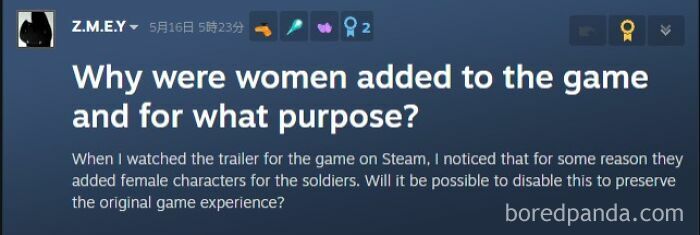 A funny Steam review asking why women were added to the video game.