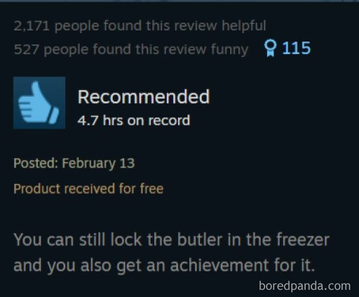 Entertaining Steam reviews about locking the butler in the freezer for an achievement