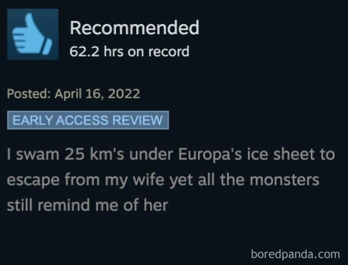 Funny Steam reviews showing an early access recommendation with a humorous comment about escaping under Europa's ice.