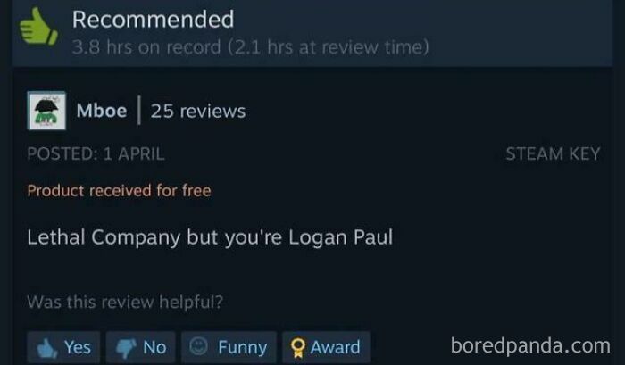 Short and entertaining Steam review comparing gameplay to Lethal Company as Logan Paul.