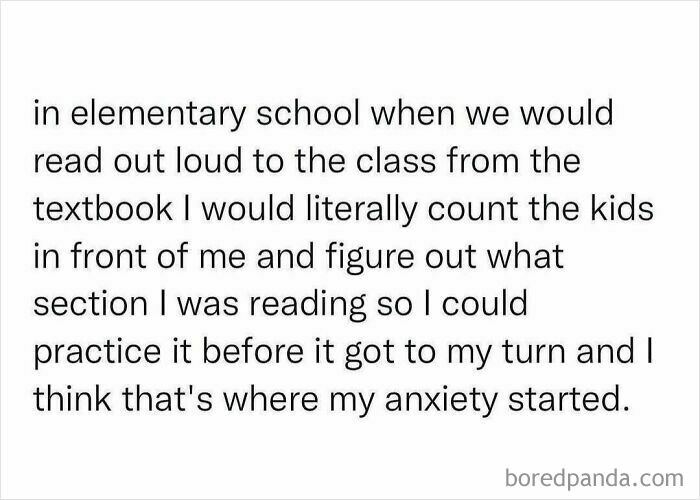 Nostalgic text post about elementary school anxiety during reading time.