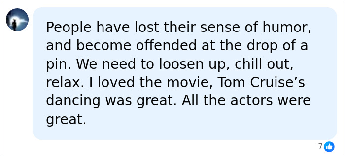 Social media comment praising Tropic Thunder movie and Tom Cruise's dancing performance Social media comment praising Tropic Thunder movie and Tom Cruise's dancing performance