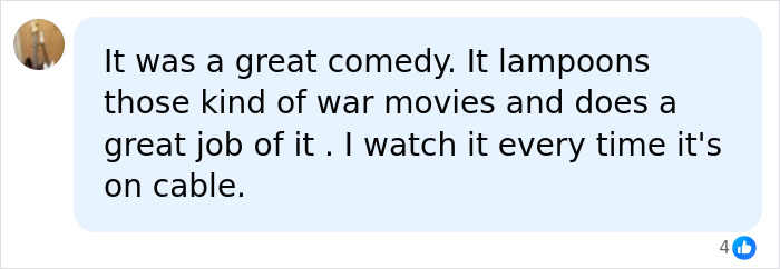 A Facebook comment calling Tropic Thunder a great comedy movie that parodies war films. A Facebook comment calling Tropic Thunder a great comedy movie that parodies war films.