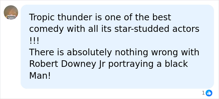 A online comment defending Robert Downey Jr in the comedy movie Tropic Thunder A online comment defending Robert Downey Jr in the comedy movie Tropic Thunder