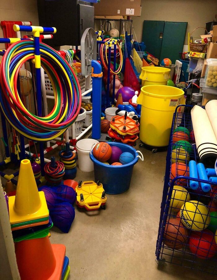 Nostalgic photos of colorful gym equipment and sports balls in storage room