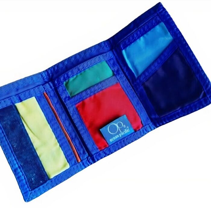 Vintage Ocean Pacific tri-fold wallet with colorful fabric patches