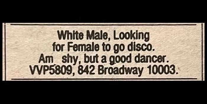An old vintage personal ad from the past seeking a female partner to go disco dancing.