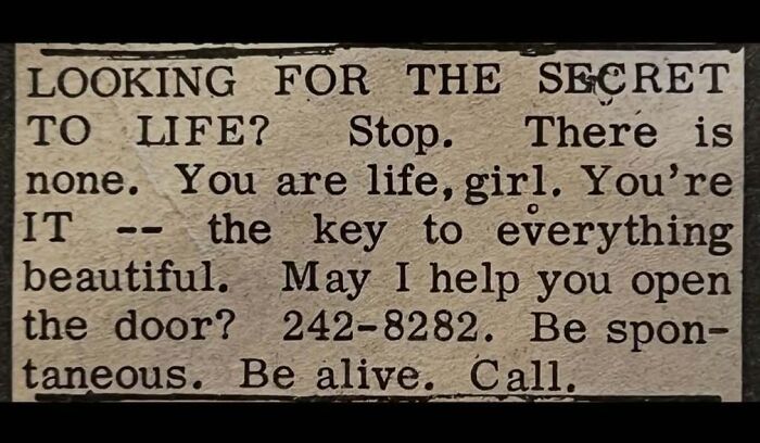 A vintage newspaper personal ad asking if you are looking for the secret to life.