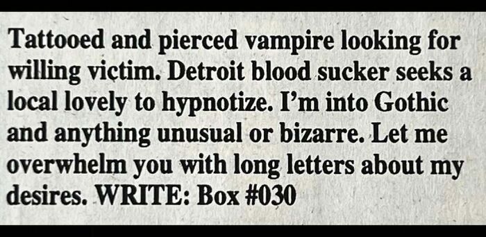 A vintage personal ad placed by a tattooed vampire seeking love and a willing victim.