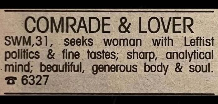 An old newspaper personal ad titled Comrade & Lover seeking a woman with leftist politics.