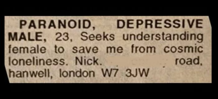 A vintage personal ad from a newspaper placed by a young male seeking love in London.
