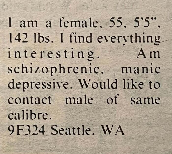 A print personal ad from the past written by a 55-year-old female in Seattle seeking a compatible partner.