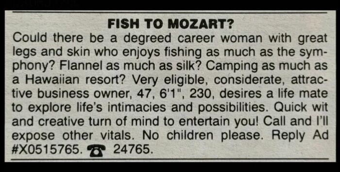 A vintage newspaper personal ad titled FISH TO MOZART seeking a degreed career woman.