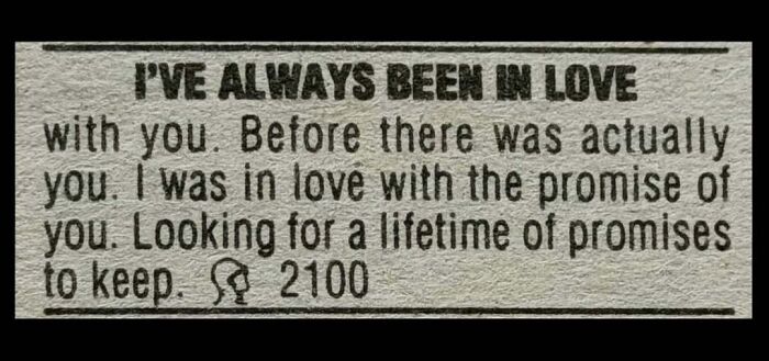 An old printed personal ad from the past expressing love and looking for promises.