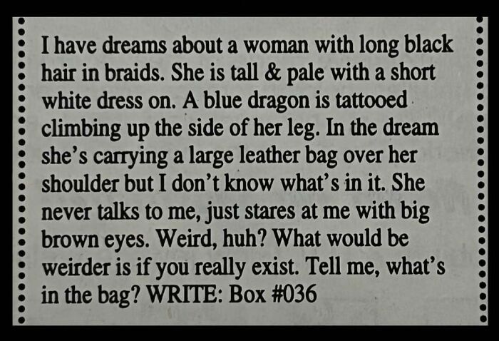 A vintage personal ad describing a dream about a woman with a blue dragon tattoo and a leather bag.