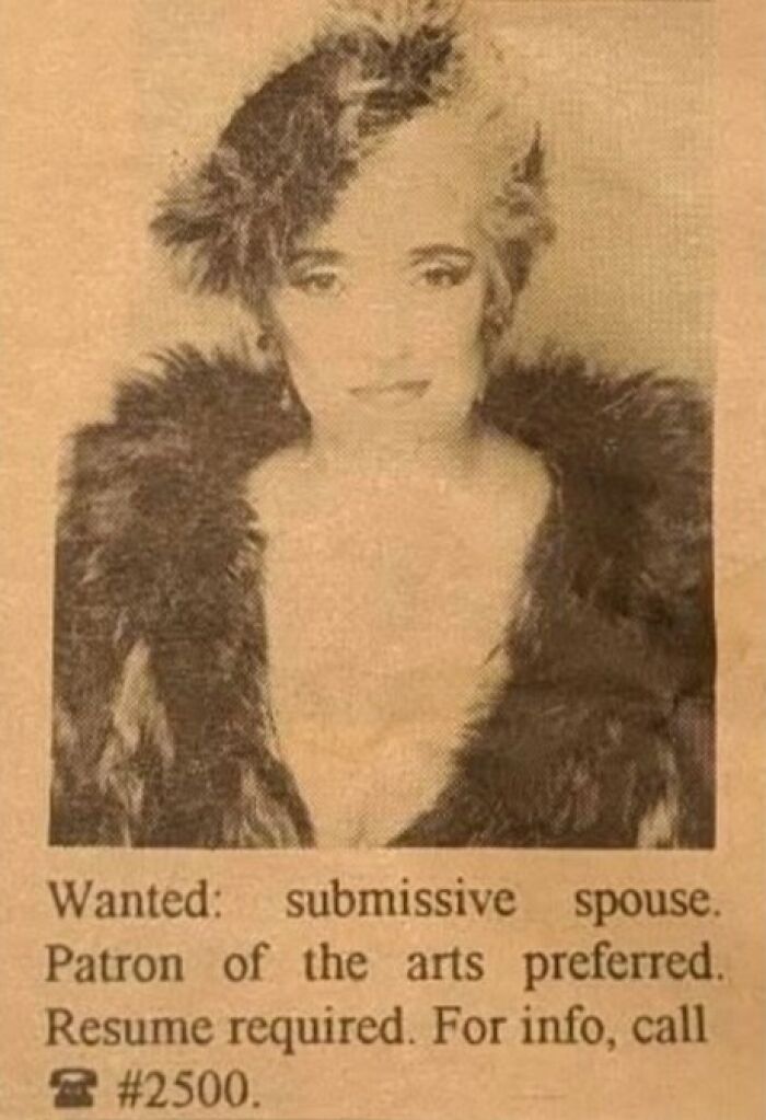 A vintage personal ad from the past featuring a woman's portrait seeking a spouse.