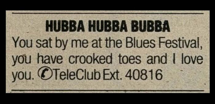 A vintage personal ad from the past seeking love after a blues festival encounter.