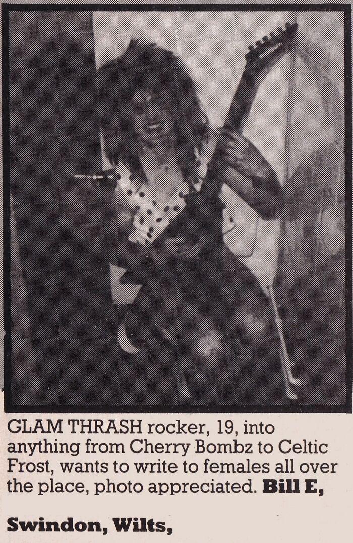 Black and white personal ads from the past featuring a young glam thrash rocker holding an electric guitar.