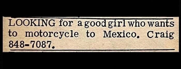 An old classified personal ad from a man named Craig looking for a companion to motorcycle to Mexico.