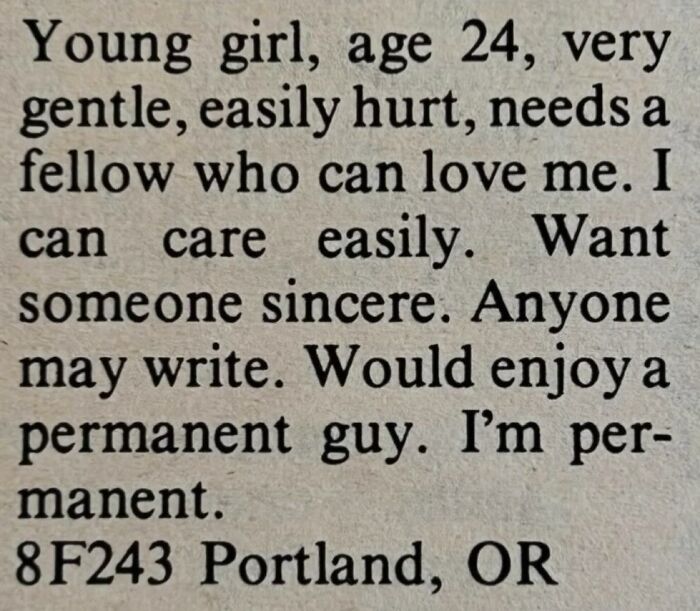 An old newspaper personal ad from a 24-year-old woman looking for love and a permanent partner in Portland.