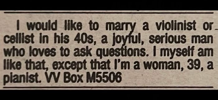 A vintage newspaper clipping of personal ads from the past written by a 39-year-old female pianist.
