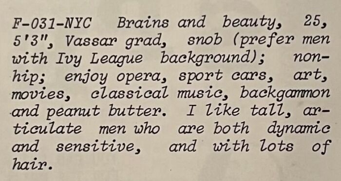 A newspaper personal ad from the past by a 25-year-old Vassar graduate seeking an Ivy League partner.