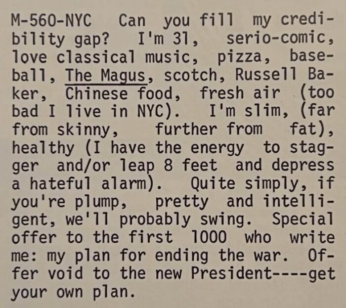 A vintage personal ad from the past placed by a 31-year-old NYC man seeking love.