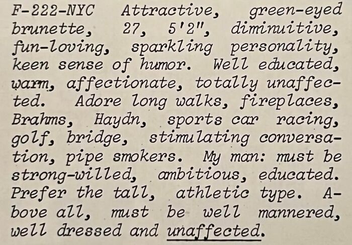 A handwritten-style personal ad from the past written by a 27-year-old woman looking for a relationship.