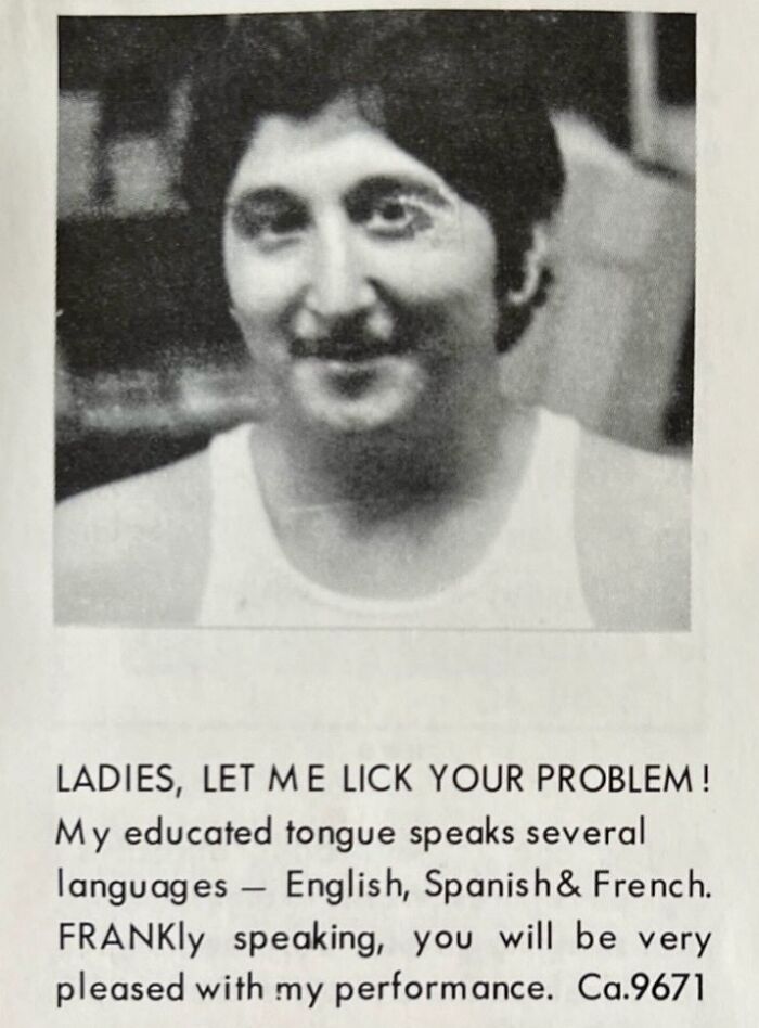 A photo of a smiling man wearing a tank top next to a vintage personal ad written in bold print.