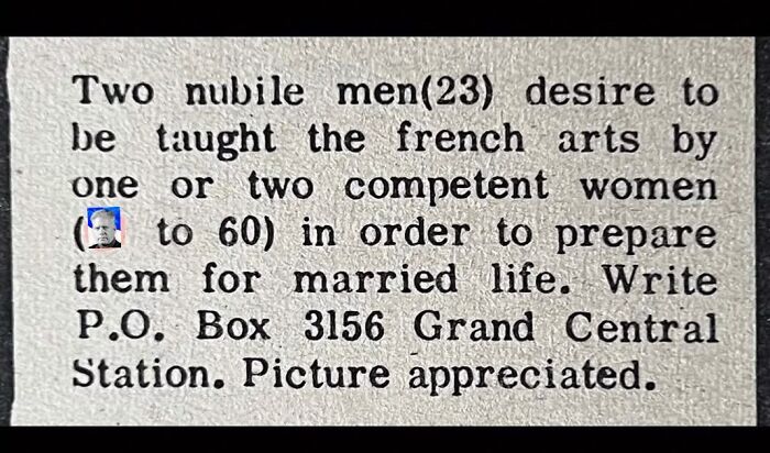 A personal ad from the past written by two young men seeking mature women