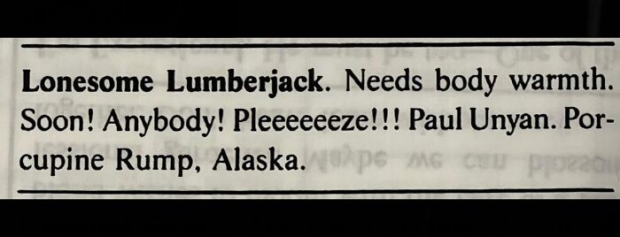 A newspaper personal ad from the past from a lonesome lumberjack seeking love