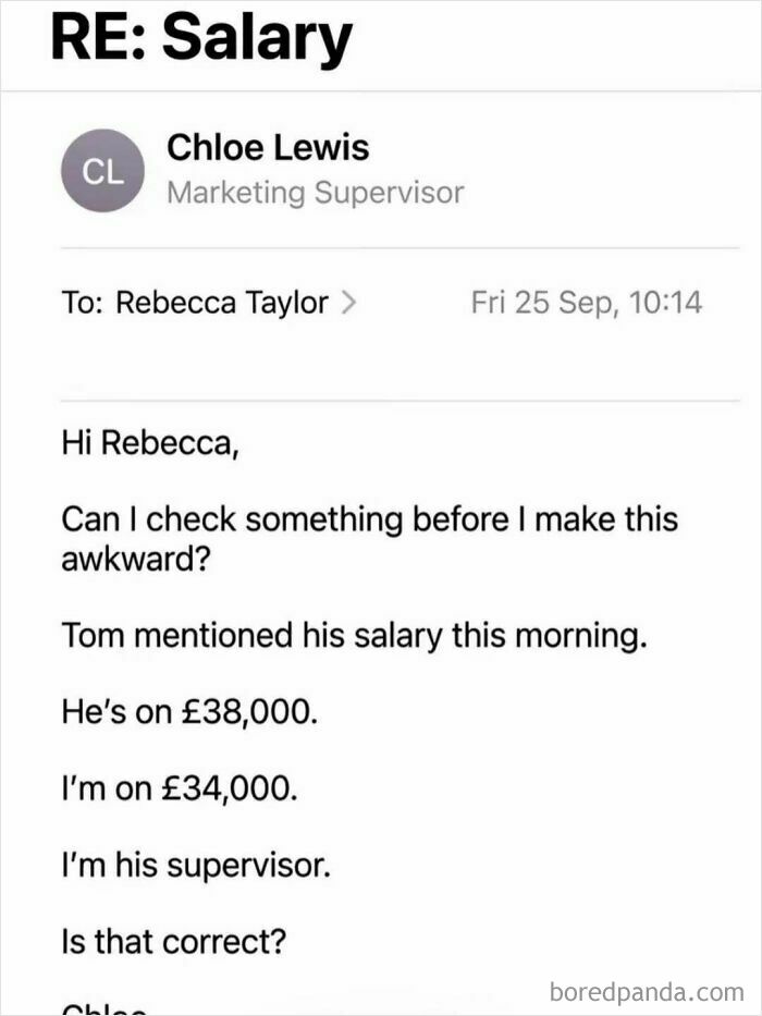 Relatable workplace memes showing a screenshot of an awkward email about salary inequality.