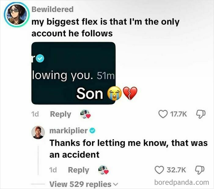 A funny social media meme featuring Markiplier replying to a fan post about him following them