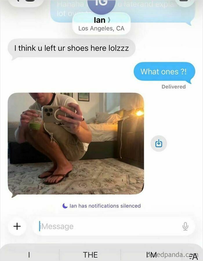 A screenshot of a text conversation where a man is wearing kitten heels while holding a green drink