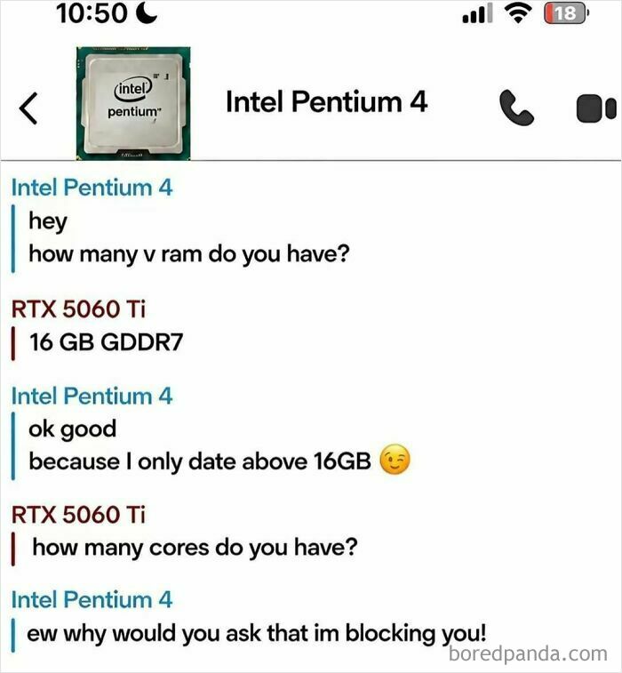 A funny tech text meme showing Intel Pentium 4 and RTX 5060 Ti chatting about computer specs