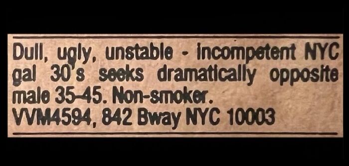 A vintage personal ad from an NYC woman seeking an opposite male partner