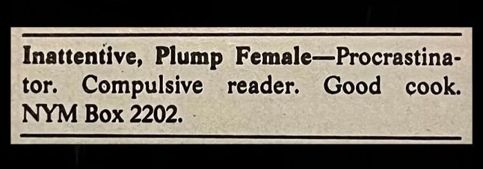 A newspaper personal ad from the past written by a self-described plump female reader.