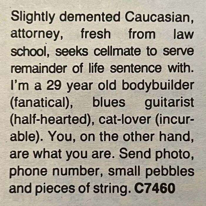 A humorous newspaper snippet showing personal ads from the past by a 29-year-old attorney.