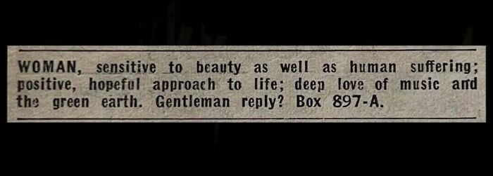 A newspaper clipping of vintage personal ads from the past seeking a gentleman.