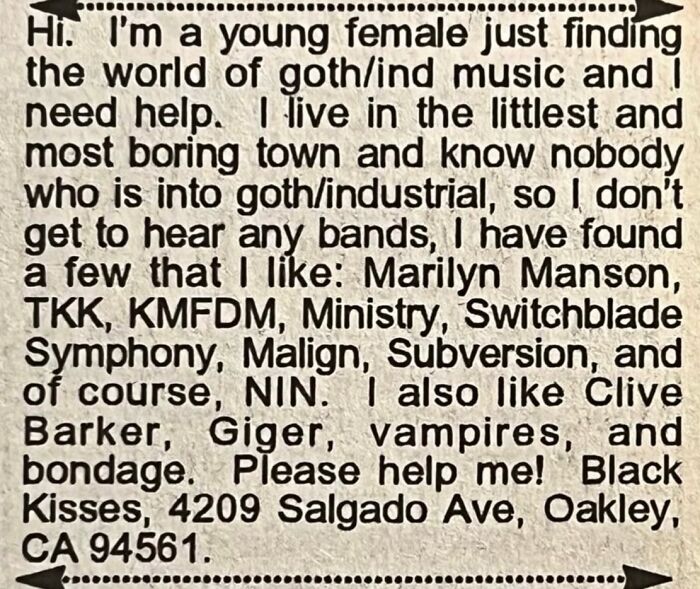 A personal ad from the past written by a young female looking for friends into goth and industrial music.