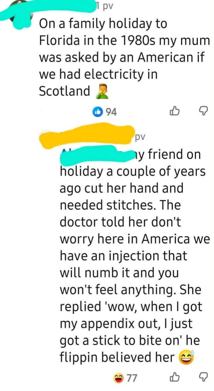 Screenshot of social media comments about Americans making incorrect assumptions about electricity and medicine in Scotland.