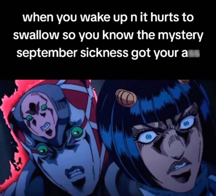 Anime-style meme depicting shock at waking up with a sore throat, perfect for fans of dark sense of humor.
