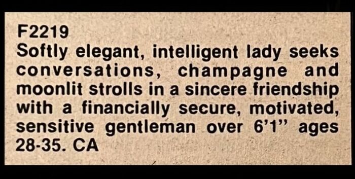 Vintage personal ad from the past written by an elegant lady seeking a gentleman for friendship.