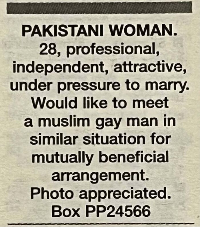 A vintage personal ad from the past placed by a Pakistani woman looking for a gay Muslim man.