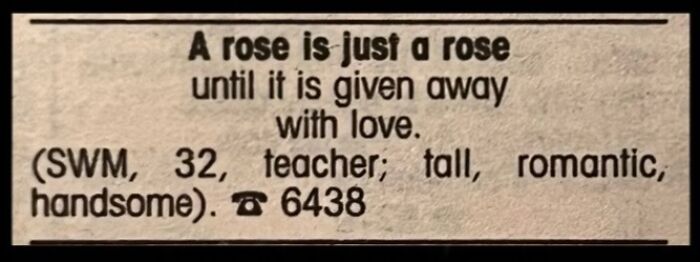 A newspaper personal ad from the past placed by a romantic teacher looking for love.