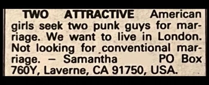 A vintage personal ad from the past placed by two American girls looking for punk guys in London.