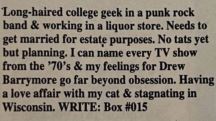 An old vintage personal ad written by a long-haired college geek looking for marriage for estate purposes.