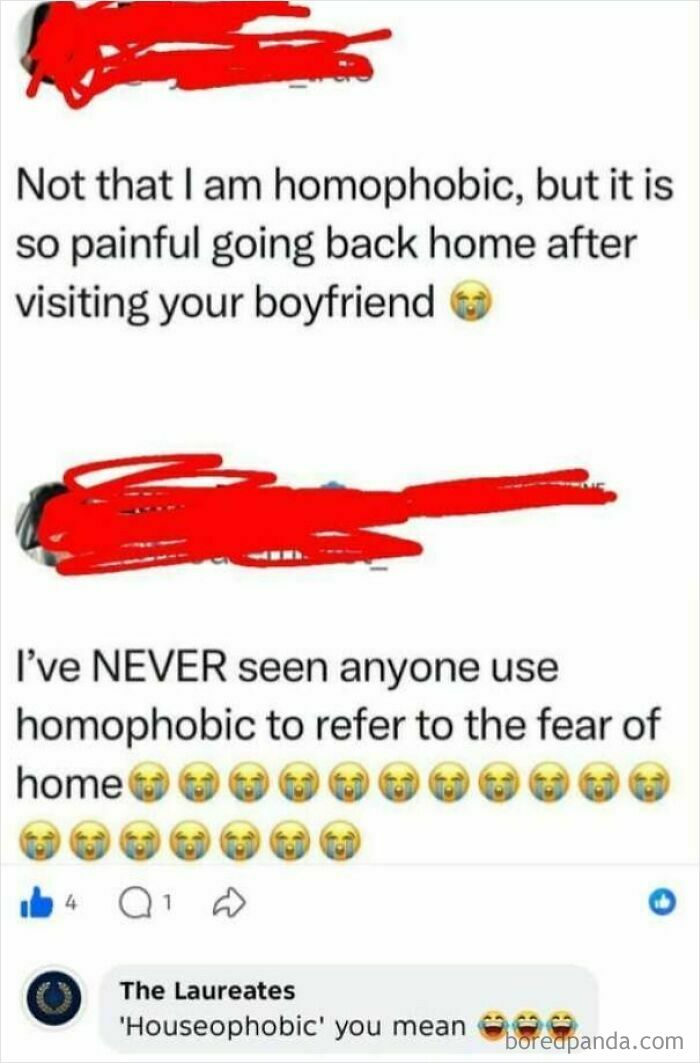 Social media posts confusing the word homophobic with a fear of home or house.